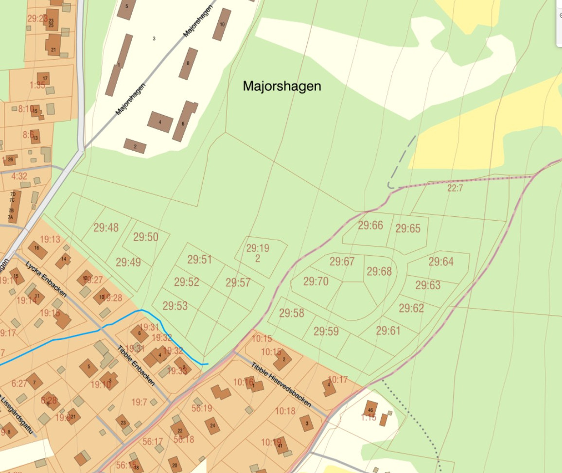 Karta över planerade småhustomter Majorshagen.